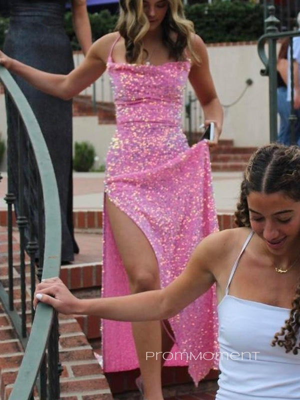 Sequins Side Slit Hot Pink Long Evening Prom Dresses, Mermaid Spaghetti Straps Prom Dress, PM0910