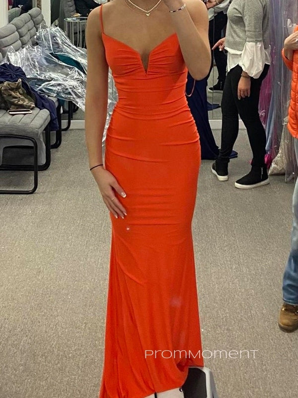 V-neck Sheath Spaghetti Straps Long Evening Prom Dresses, Mermaid Jersey Prom Dress, PM0911