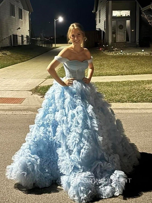 Beautiful Off Shoulder A-line Long Evening Prom Dresses, Blue Tulle Backless Prom Dress, PM0916