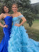 Beautiful Off Shoulder A-line Long Evening Prom Dresses, Blue Tulle Backless Prom Dress, PM0916