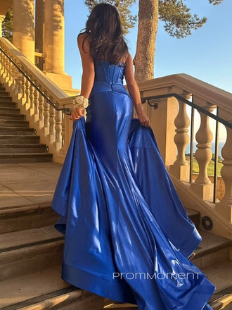 Sweetheart Side Slit Mermaid Long Evening Prom Dresses, Royal Blue Satin Floor-length Prom Dress, PM0917