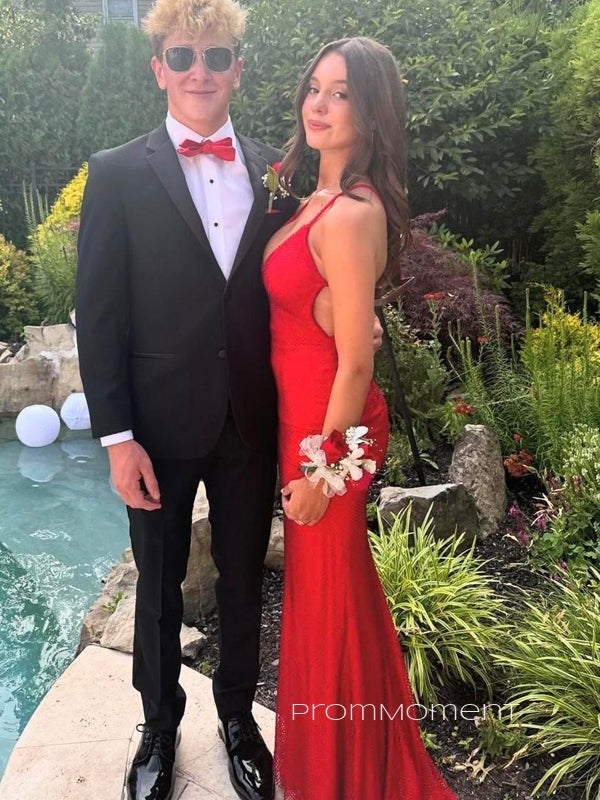 Deep V-neck Mermaid Long Evening Prom Dresses, Red Sheath Sleeveless Prom Dress, PM0920