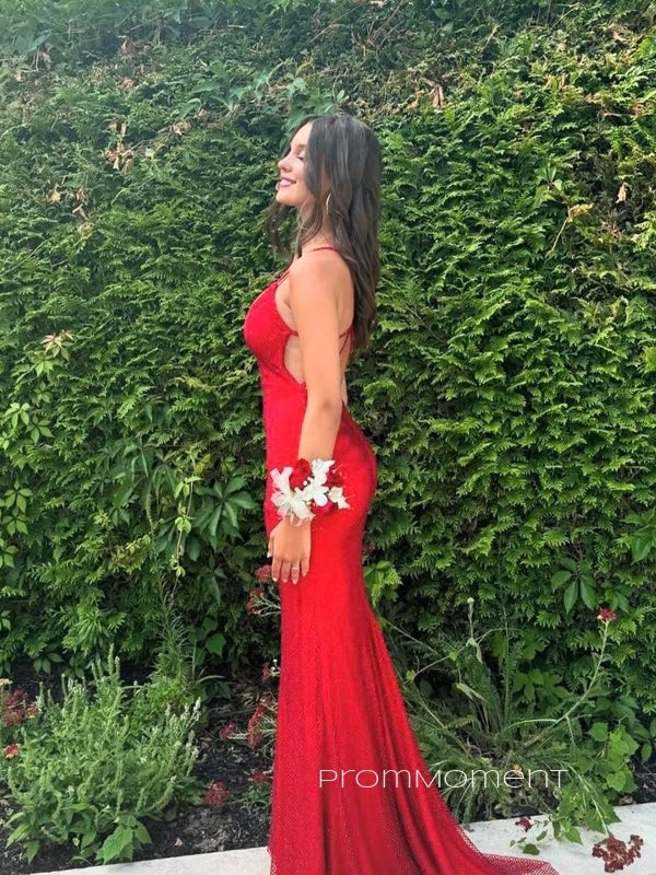 Deep V-neck Mermaid Long Evening Prom Dresses, Red Sheath Sleeveless Prom Dress, PM0920