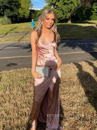 Popular Satin V-neck Mermaid Long Evening Prom Dresses, Spaghetti Straps Side Slit Prom Dress, PM0941