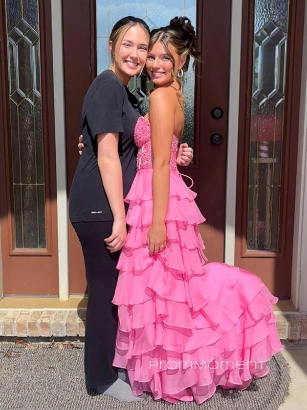 Lovely Sweetheart Hot Pink A-line Long Evening Prom Dresses, Chiffon Strapless Prom Dress, PM0945