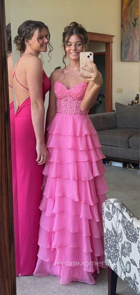 Lovely Sweetheart Hot Pink A-line Long Evening Prom Dresses, Chiffon Strapless Prom Dress, PM0945