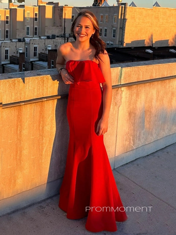 Red Mermaid Strapless Sleeveless Backless Long Evening Prom Dresses, PM0946