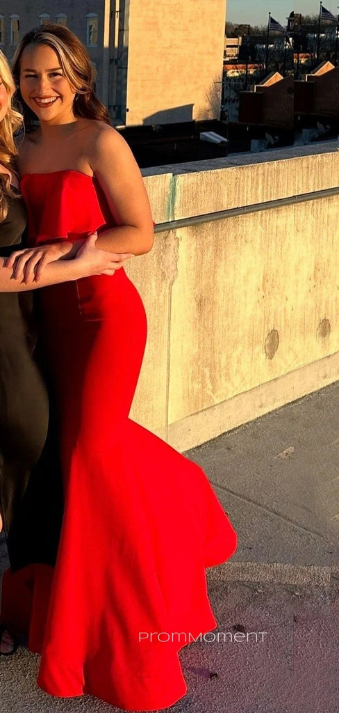 Red Mermaid Strapless Sleeveless Backless Long Evening Prom Dresses, PM0946