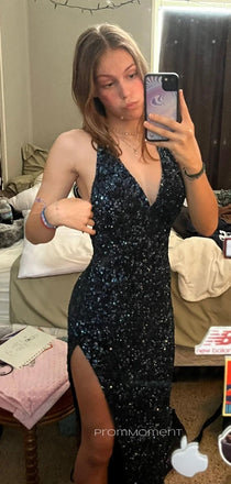Sequins V-neck Straps High Slit Mermaid Long Evening Prom Dresses, Backless Prom Dress, PM0948