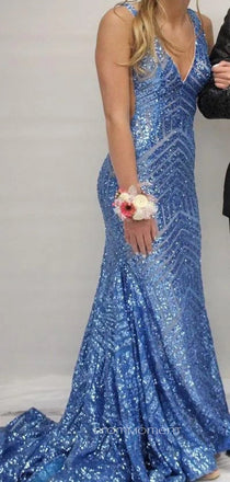 Sparkly Sequins Mermaid Deep V-neck Long Evening Prom Dresses, Floor-length Backless Prom Dress, PM0949