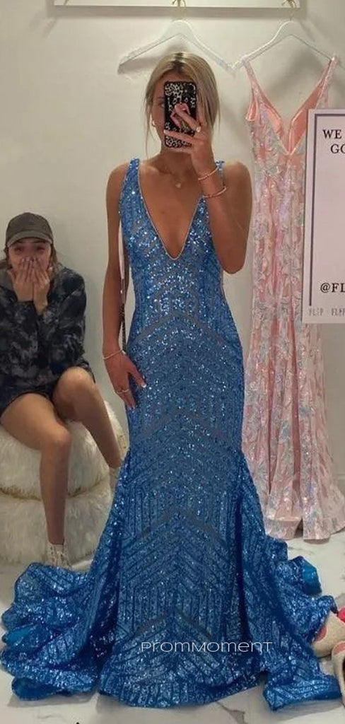 Sparkly Sequins Mermaid Deep V-neck Long Evening Prom Dresses, Floor-length Backless Prom Dress, PM0949