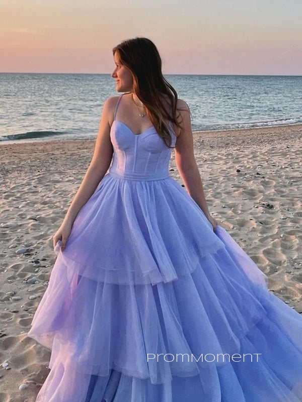 Beautiful Blue Tulle A-line Sweetheart Long Evening Prom Dresses, Purple Spaghetti Straps Floor-length Prom Dress, PM0950