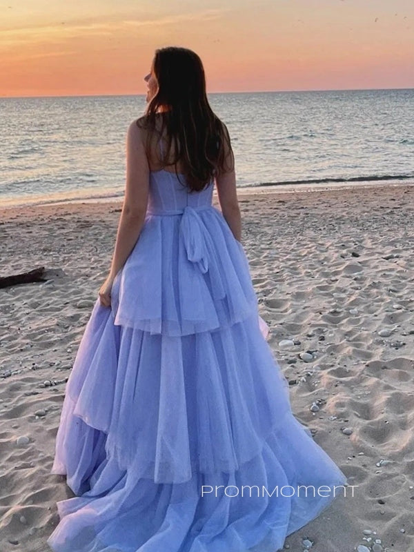 Beautiful Blue Tulle A-line Sweetheart Long Evening Prom Dresses, Purple Spaghetti Straps Floor-length Prom Dress, PM0950