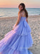 Beautiful Blue Tulle A-line Sweetheart Long Evening Prom Dresses, Purple Spaghetti Straps Floor-length Prom Dress, PM0950