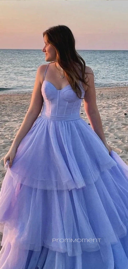 Beautiful Blue Tulle A-line Sweetheart Long Evening Prom Dresses, Purple Spaghetti Straps Floor-length Prom Dress, PM0950