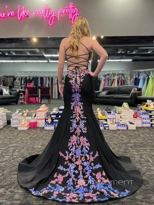 Fashion Floor-length Mermaid V-neck Long Evening Prom Dresses, High Slit Spaghetti Straps Black Jersey Prom Dress, PM0952