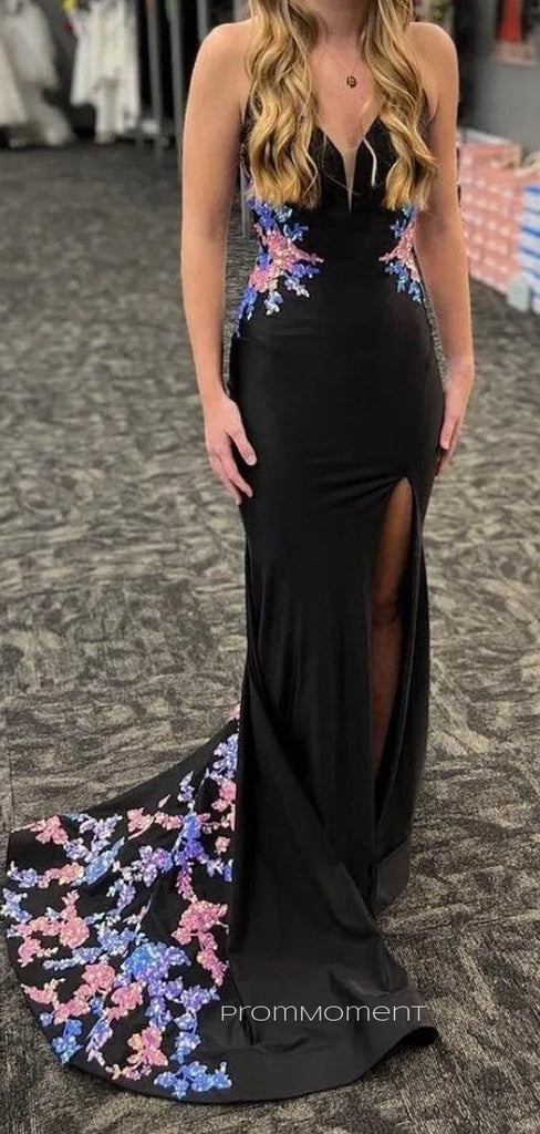 Fashion Floor-length Mermaid V-neck Long Evening Prom Dresses, High Slit Spaghetti Straps Black Jersey Prom Dress, PM0952