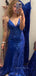 Sparkly Navy Blue Mermaid Spaghetti Straps Long Evening Prom Dresses, V-neck Sheath Prom Dress, PM0955