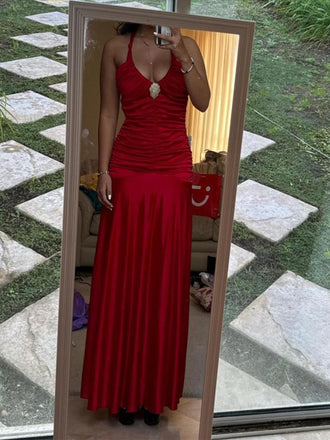 Satin Red V-neck Backless Long Evening Prom Dresses, Mermaid Straps Prom Dress, PM0957
