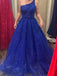 A-line One Shoulder Tulle Long Evening Prom Dresses, Royal Blue Sparkly Appliques Prom Dress, PM0958