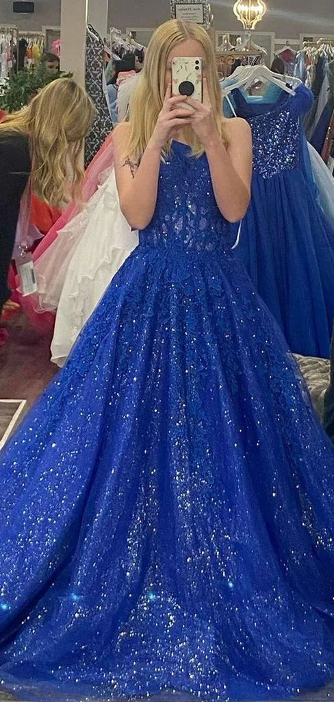 A-line One Shoulder Tulle Long Evening Prom Dresses, Royal Blue Sparkly Appliques Prom Dress, PM0958