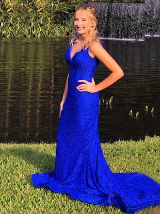 V-neck Mermaid Spaghetti Straps Royal Blue Long Evening Prom Dresses, Backless Floor-length Lace Prom Dress, PM0960