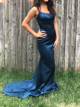 Elagant Spaghetti Straps Mermaid Long Evening Prom Dresses, Floor-length Satin Backless Navy Blue Prom Dress, PM0963