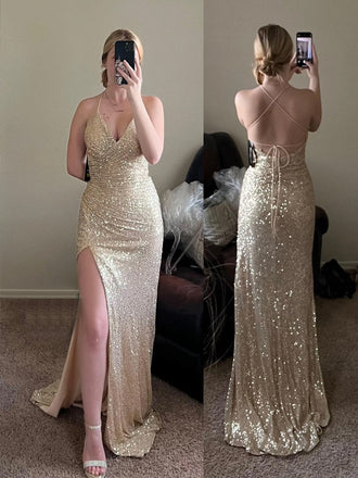 Sparkly V-neck Spaghetti Straps Mermaid Long Evening Prom Dresses, Side Slit Backless Sequins Prom Dress, PM0964