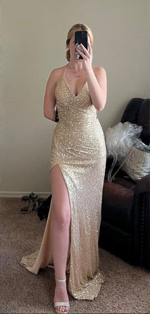 Sparkly V-neck Spaghetti Straps Mermaid Long Evening Prom Dresses, Side Slit Backless Sequins Prom Dress, PM0964