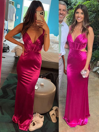 Sexy Deep V-neck Satin Mermaid Long Evening Prom Dresses, Sheath Backless Prom Dress, PM0965