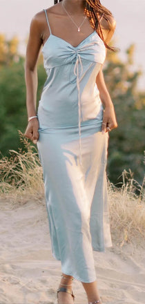 Spaghetti Straps Mermaid Backless Long Evening Prom Dresses, V-neck Satin Prom Dress, PM0966