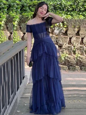 Off Shoulder A-line Tulle Navy Blue Long Evening Prom Dresses, See Through Strapless Prom Dress, PM0967