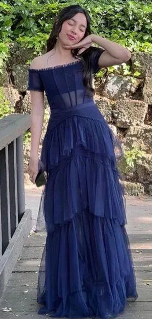 Off Shoulder A-line Tulle Navy Blue Long Evening Prom Dresses, See Through Strapless Prom Dress, PM0967