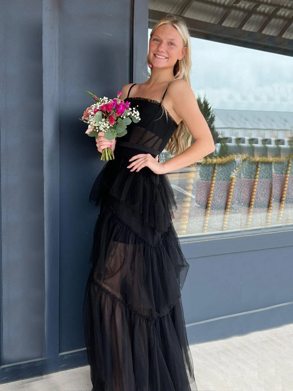 See Through Spaghetti Straps A-Line Long Evening Prom Dresses, Black Tulle Backless Prom Dress, PM0968