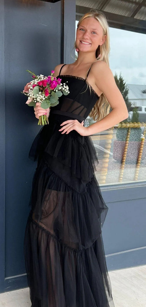 See Through Spaghetti Straps A-Line Long Evening Prom Dresses, Black Tulle Backless Prom Dress, PM0968