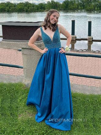 Formal V-neck Straps A-line Long Evening Prom Dresses, V-back Sparkly Prom Dress, PM0970