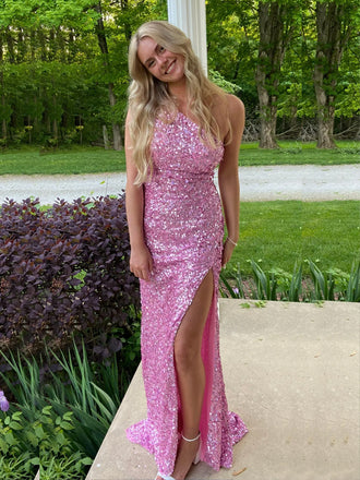 High Slit Memaid Sequins Pink One Shoulder Long Evening Prom Dresses, Backless Sparkly Sleeveless Prom Dress, PM0972
