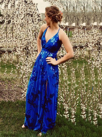 Unique V-neck Spaghetti Straps Long Evening Prom Dresses, Side Slit A-line Sparkly Royal Blue Prom Dress, PM0974