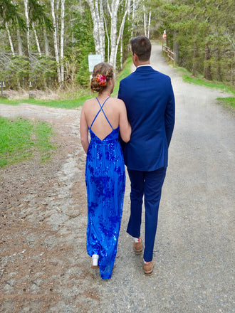 Unique V-neck Spaghetti Straps Long Evening Prom Dresses, Side Slit A-line Sparkly Royal Blue Prom Dress, PM0974