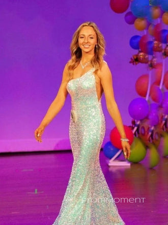 Sequins Mermaid One Shoulder Backless Long Evening Prom Dresses, Side Slit Sparkly Sleeveless Prom Dress, PM0978