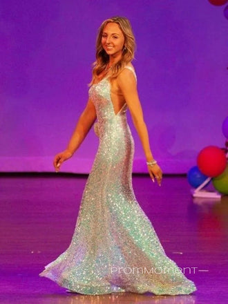 Sequins Mermaid One Shoulder Backless Long Evening Prom Dresses, Side Slit Sparkly Sleeveless Prom Dress, PM0978