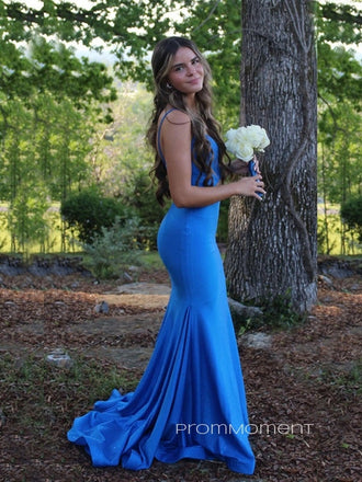 Spaghetti Straps V-neck Sheath Mermaid Long Evening Prom Dresses, Royal Blue Backless Jersey Prom Dress, PM0979