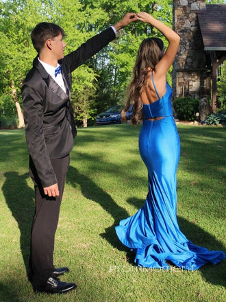 Spaghetti Straps V-neck Sheath Mermaid Long Evening Prom Dresses, Royal Blue Backless Jersey Prom Dress, PM0979