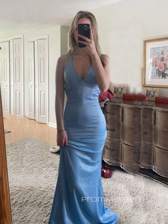 Deep V-neck Straps Mermaid Long Evening Prom Dresses, Sexy Backless Blue Satin Prom Dress, PM0980