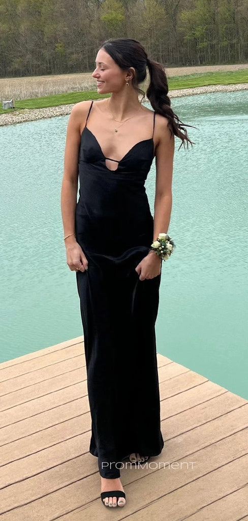 Deep V-neck Spaghetti Straps Mermaid Long Evening Prom Dresses, Black Backless Satin Prom Dress, PM0982