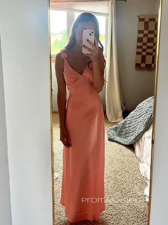 Deep V-neck Straps Satin Long Evening Prom Dresses, Sleeveless Satin Prom Dress, PM0984