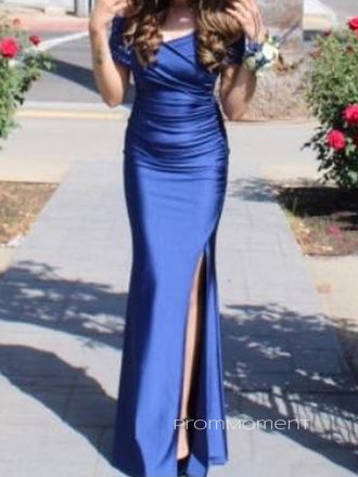 Elegant Royal Blue Off Shoulder Mermaid Long Evening Prom Dresses, Sheath Side Slit Prom Dress, PM0985