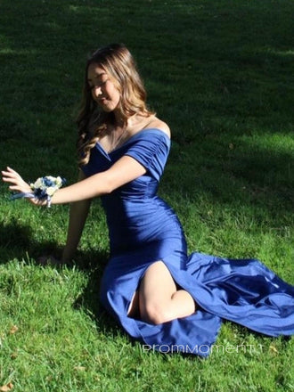 Elegant Royal Blue Off Shoulder Mermaid Long Evening Prom Dresses, Sheath Side Slit Prom Dress, PM0985
