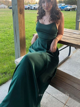 Formal Spaghetti Straps A-line Long Evening Prom Dresses, Satin Backless Dark Green Prom Dress, PM0986