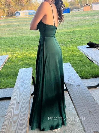 Formal Spaghetti Straps A-line Long Evening Prom Dresses, Satin Backless Dark Green Prom Dress, PM0986